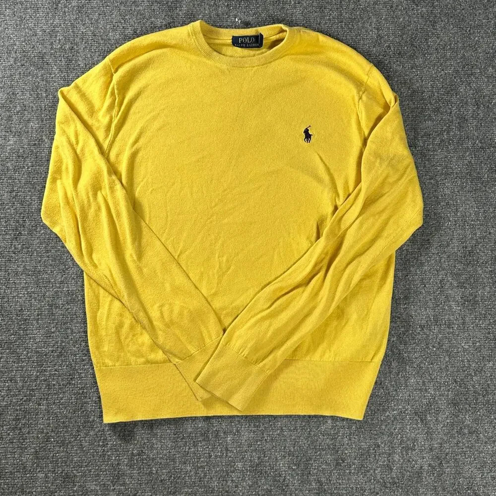 Polo Ralph Lauren Mens M Yellow Crewneck Sweater Black Pony Lightweight